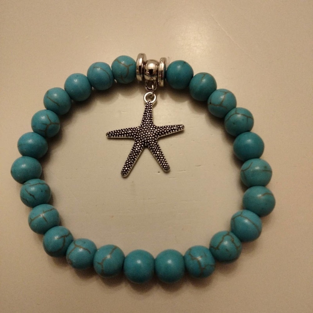 Turquoise Beaded and silver Star Fish stretch bracelet